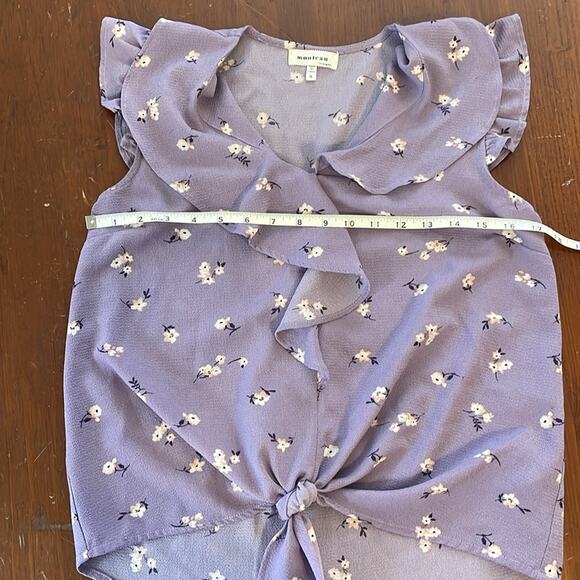Monteau Small Womens Top Ruffles Purple Light Flowers Tie Bottom Style 28530 - Picture 6 of 8